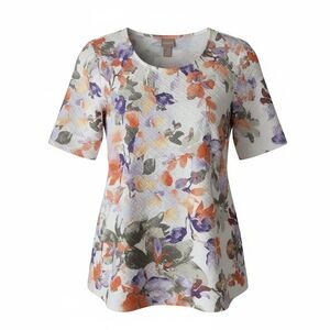 Chico's Floral Textured Blouse Size 2 (M/L 10-12) Crinkle Knit Wrinkle Resistant